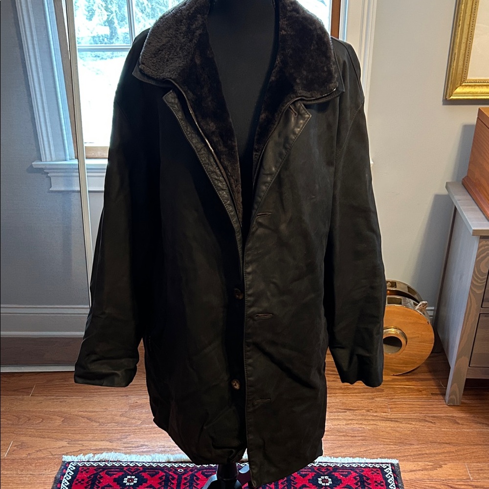 Men's Mac Douglas Brown Leather Coat with Zip Out Lining and Faux Fur Collar